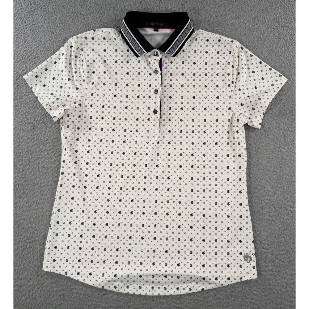 Greyson Polo Shirt Women's Medium White Geometric Short Sleeve AOP Logo